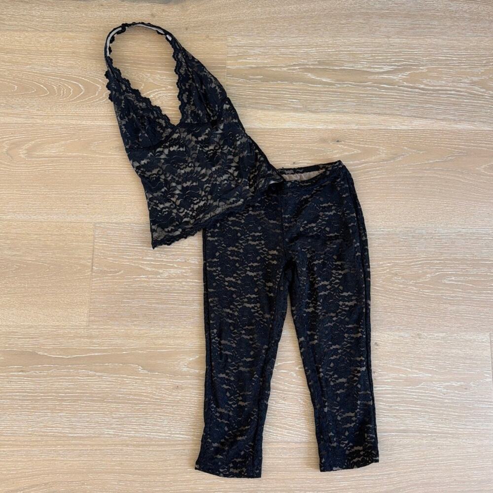 White Fox Lace Halter Top & capri Pants Set Mirage Size S Black Nude